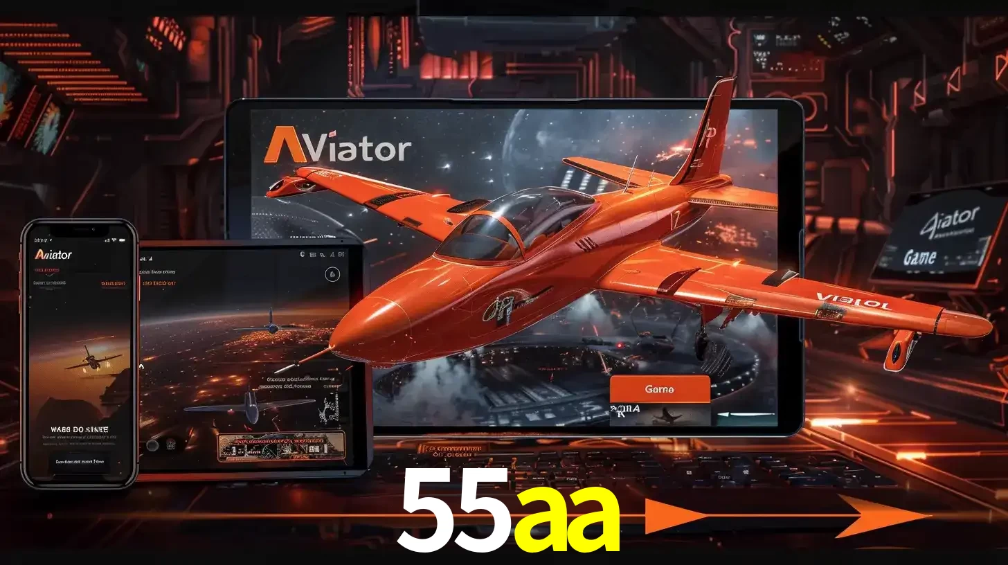 Apresentação tecnológica do jogo Aviator com um avião saindo da tela de um tablet, demonstrando a experiência imersiva em múltiplos dispositivos no 55aa.