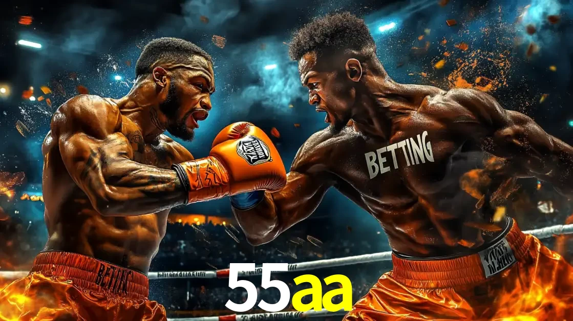Dois boxeadores em uma luta intensa e explosiva, representando a adrenalina e as oportunidades de apostas em esportes de combate disponíveis na plataforma 55aa.