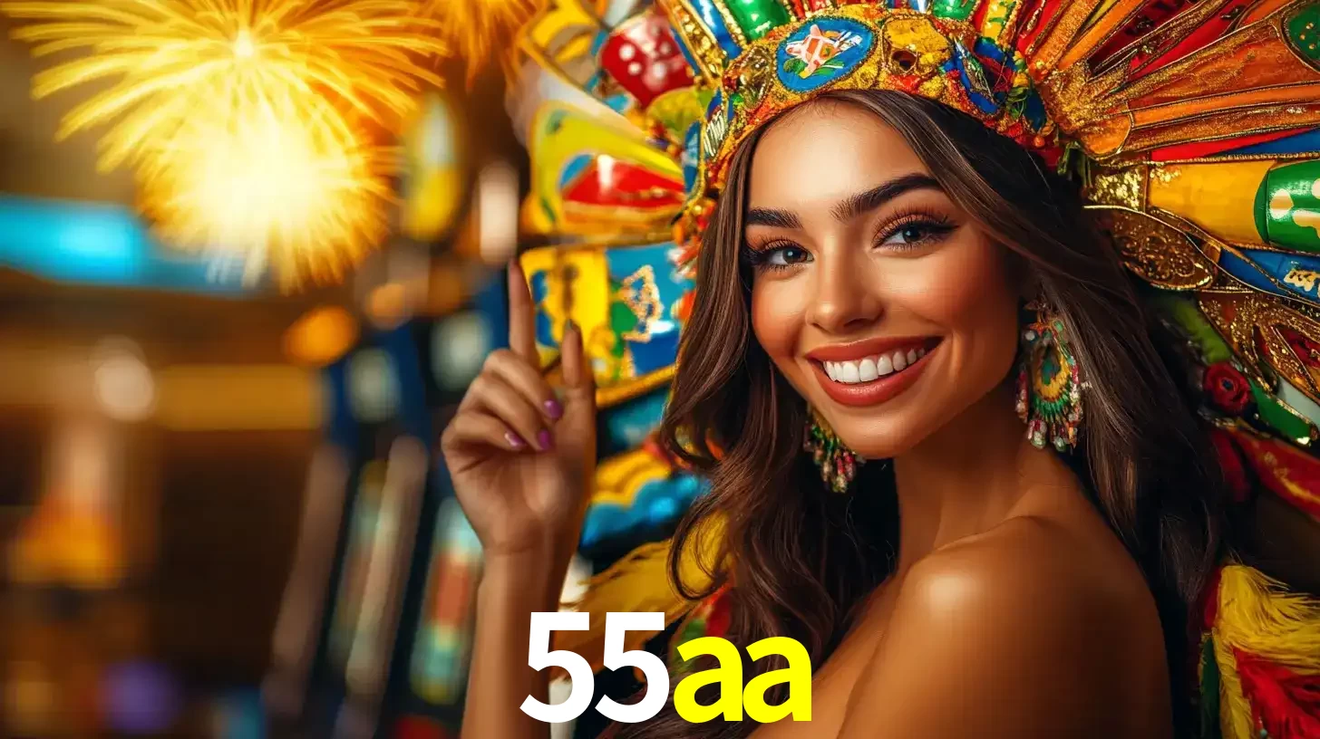Mulher sorridente com um cocar de carnaval vibrante e colorido, celebrando uma grande vitória nos jogos do cassino 55aa com fogos de artifício ao fundo.