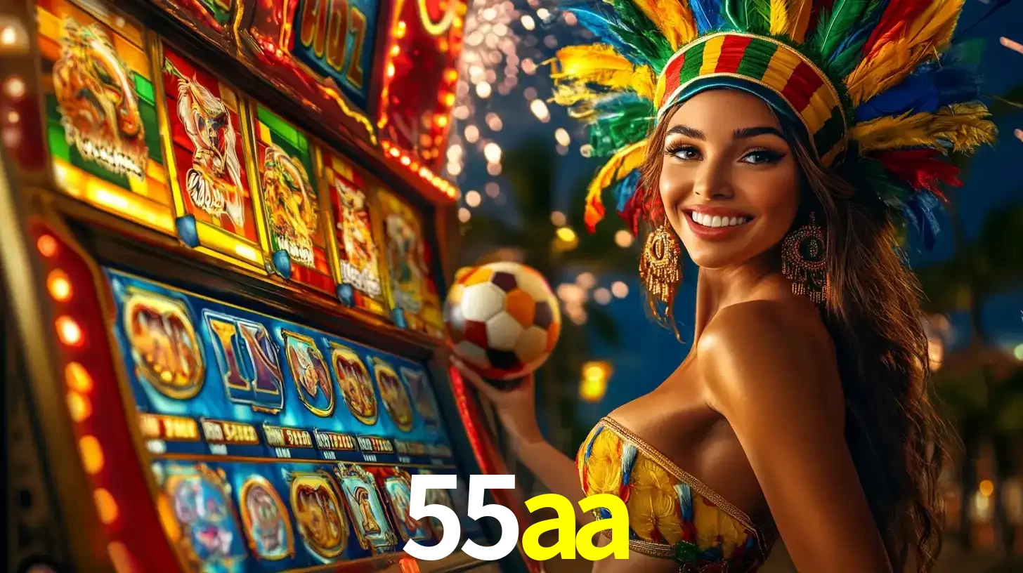Mulher com um cocar de carnaval ao lado de uma máquina de caça-níqueis enquanto segura uma bola de futebol, mostrando a união da diversão de cassino e esportes no 55aa.
