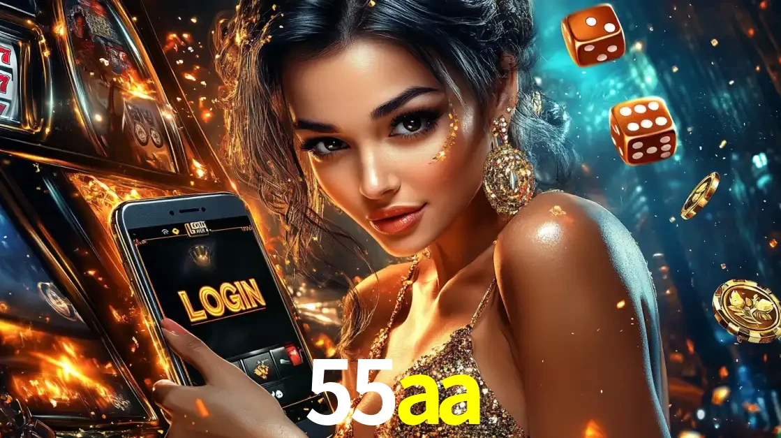 Mulher glamourosa segurando um celular com a tela de login do cassino 55aa, rodeada por dados e moedas douradas, pronta para começar a diversão.