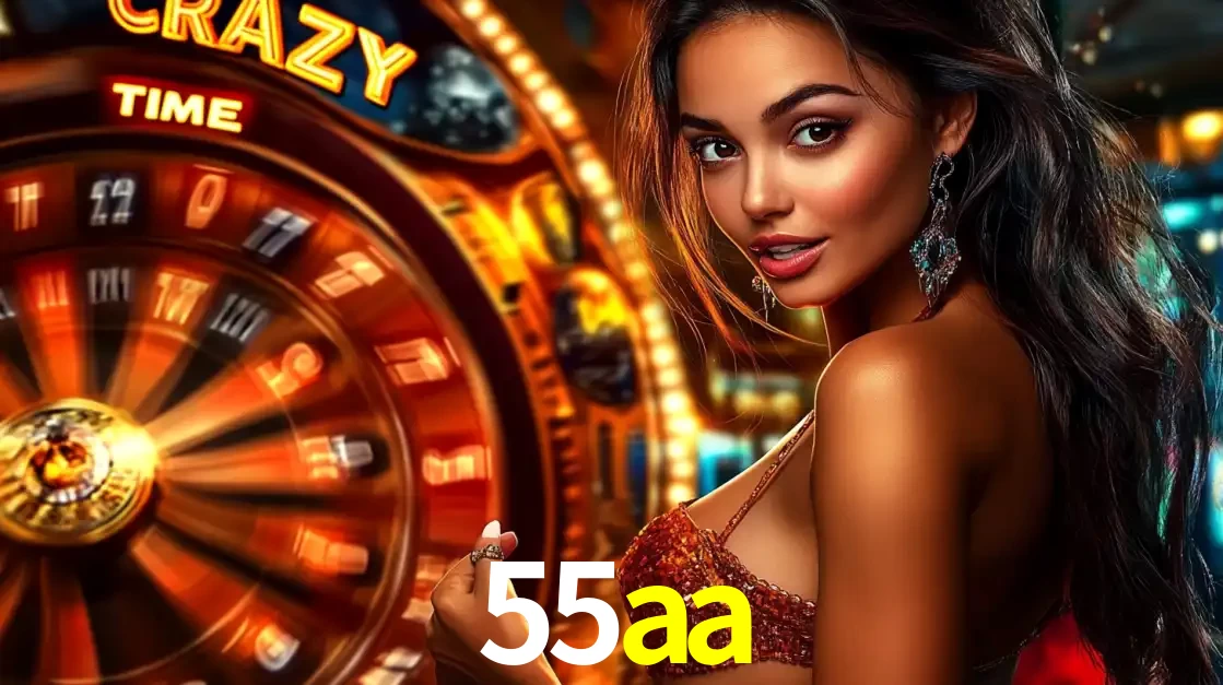 Mulher ao lado da roda de prêmios do jogo de cassino ao vivo Crazy Time, um dos shows de jogos mais emocionantes oferecidos pela plataforma de apostas 55aa.