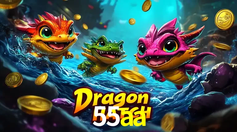 Arte promocional do jogo Dragon Hatch com três adoráveis dragões bebês nadando entre moedas de ouro, um dos slots mais divertidos para jogar no cassino 55aa.