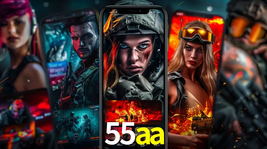 Montagem de telas de celular mostrando diversos personagens, masculinos e femininos, de um jogo de tiro, ilustrando a diversidade de equipes de e-sports para apostar no 55aa.