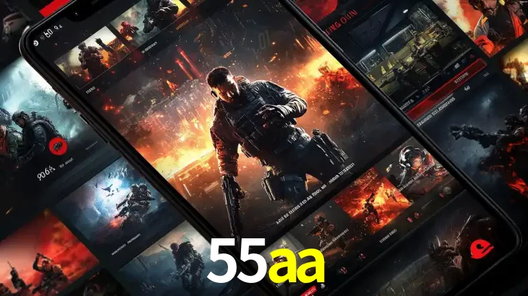 Tela de um celular exibindo uma galeria de jogos de tiro com temática militar, mostrando a variedade de e-sports disponíveis para apostas na plataforma de entretenimento 55aa.
