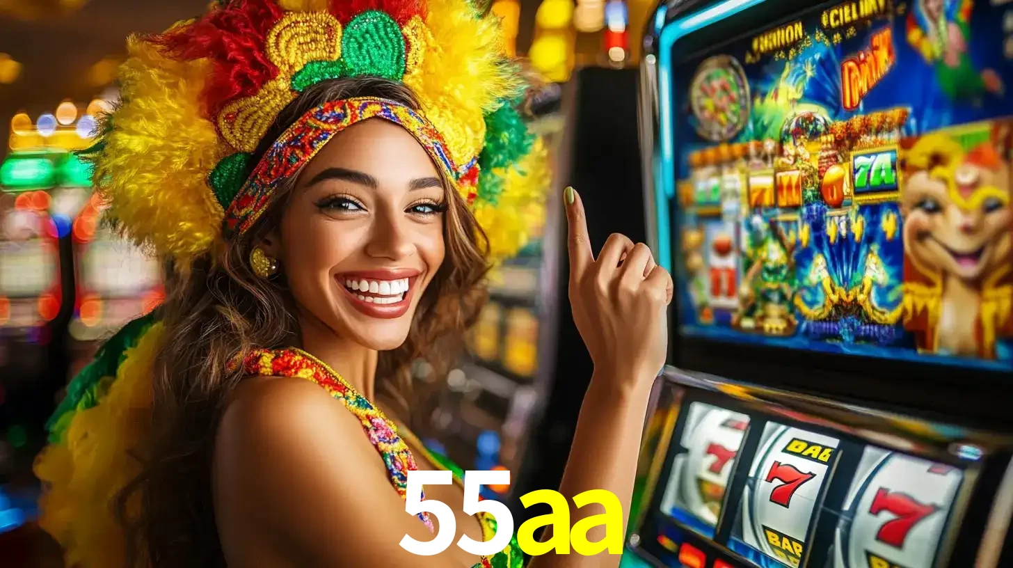 Mulher animada com um cocar de carnaval apontando para uma máquina de caça-níqueis, mostrando a emoção de ganhar um grande prêmio nos jogos do 55aa.