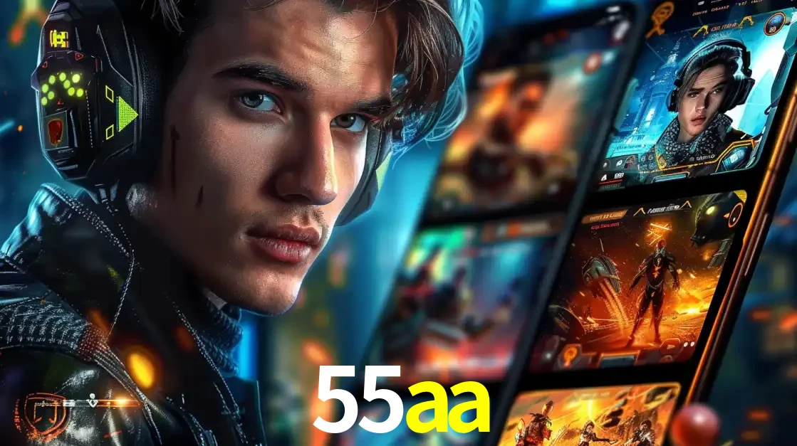 Jovem jogador com fones de ouvido olhando para a câmera, com um aplicativo de jogos e e-sports para celular ao fundo, pronto para a competição e apostas no 55aa.