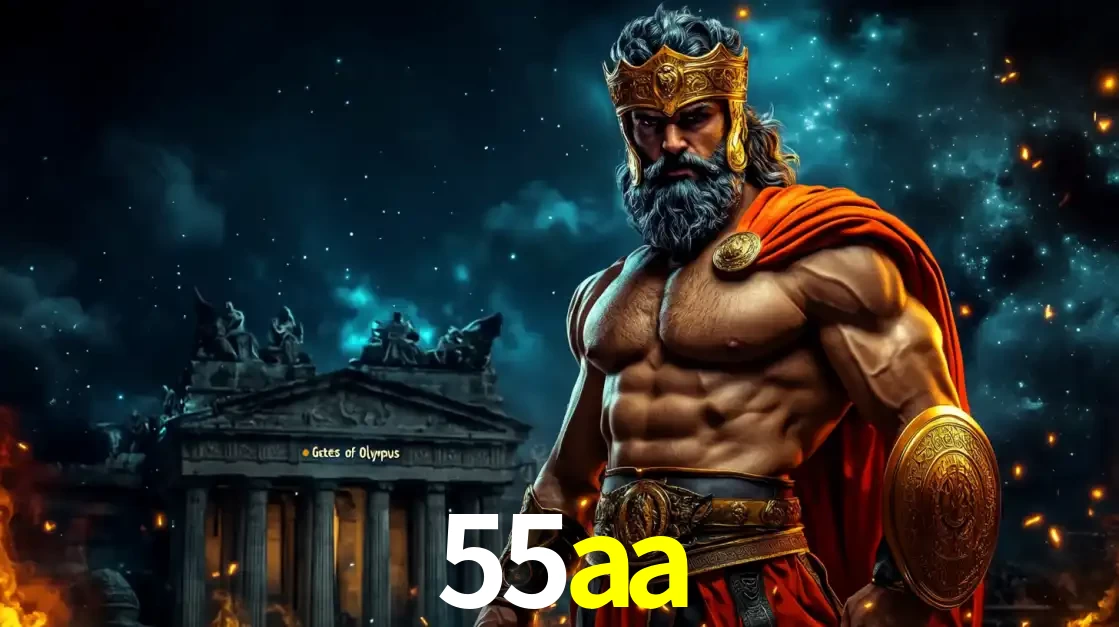 O poderoso Zeus do jogo de slot Gates of Olympus em frente ao seu templo, pronto para lançar multiplicadores divinos e prêmios épicos no cassino online 55aa.