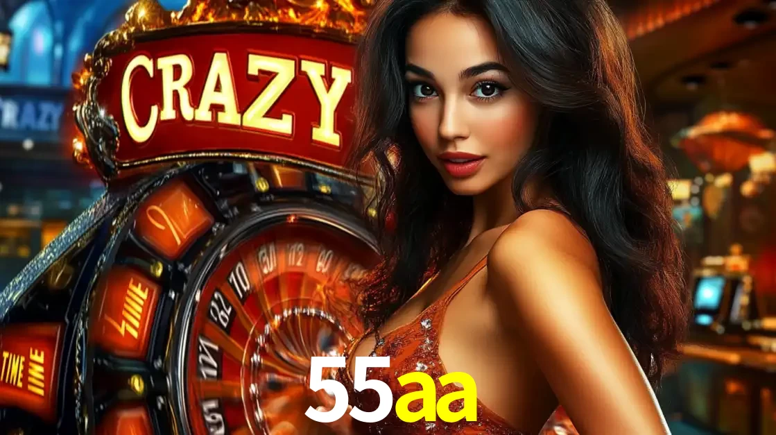 Mulher glamourosa olhando para a câmera com a roda vermelha do Crazy Time ao fundo em um ambiente de cassino, destacando a emoção dos jogos ao vivo no 55aa.