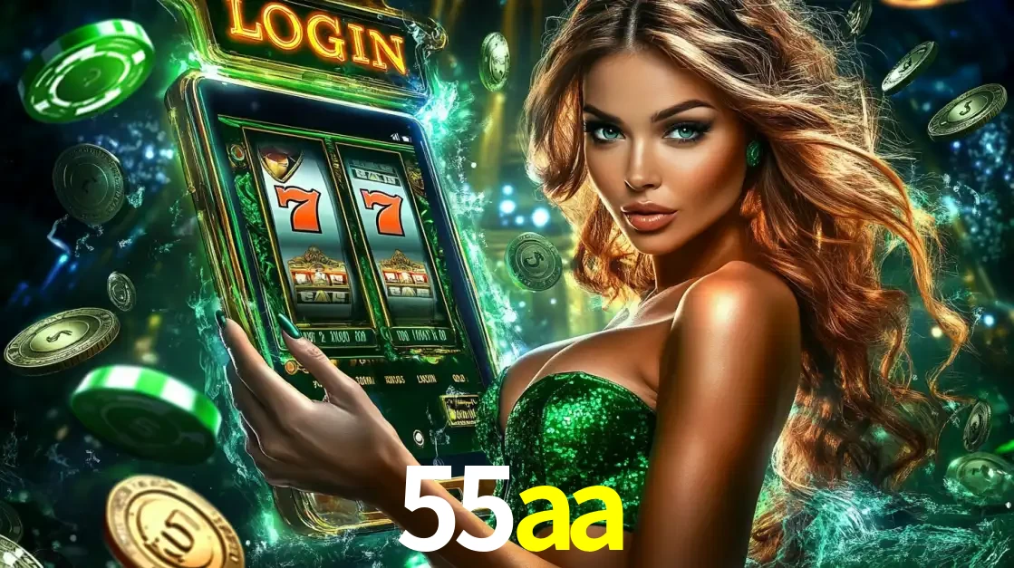 Mulher com tema verde apresentando o aplicativo do cassino 55aa com um jogo de slot de 777, cercada por fichas de cassino e uma aura de sorte.