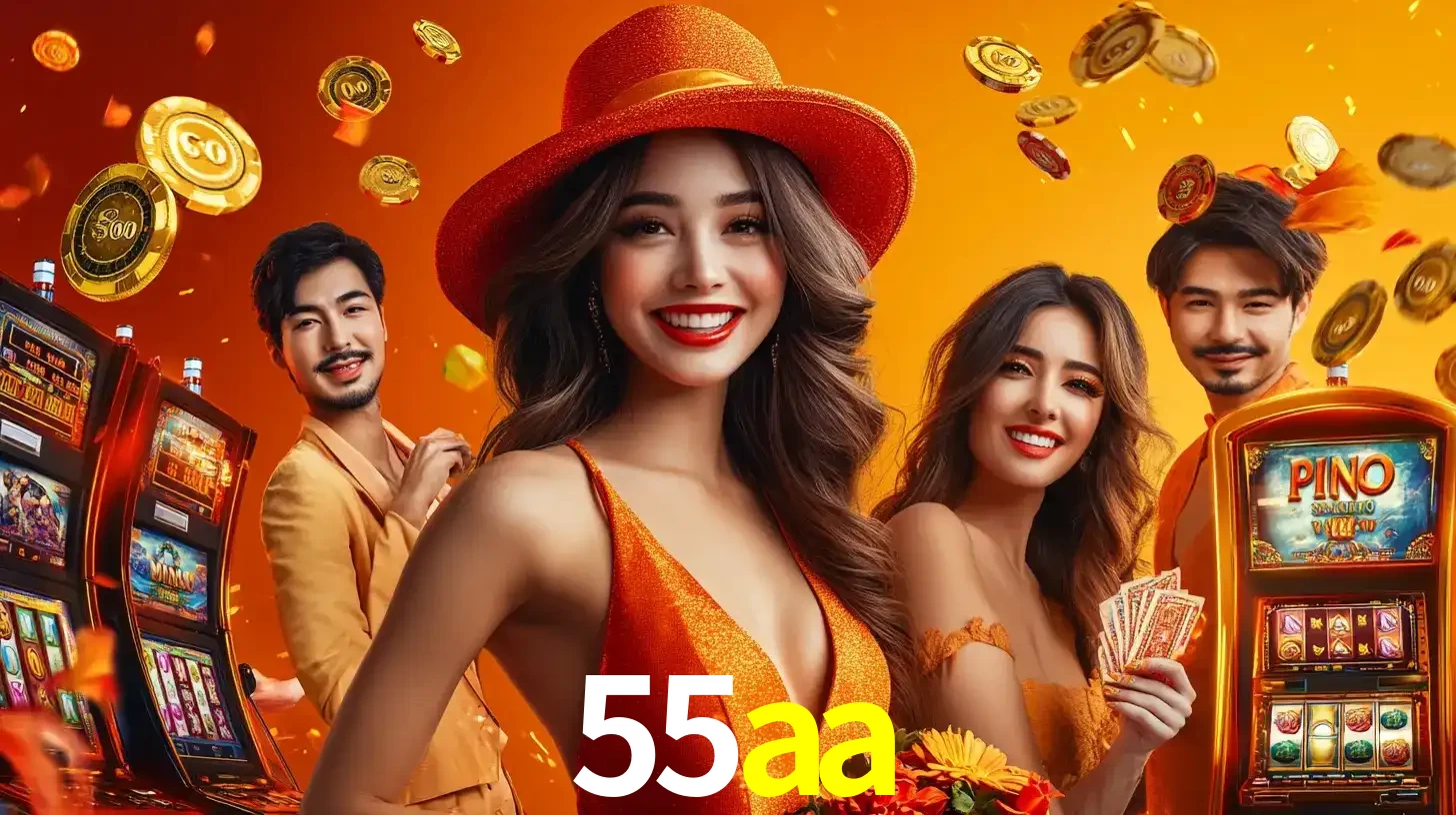 Grupo de amigos asiáticos sorrindo e se divertindo com máquinas de caça-níqueis em um ambiente festivo, celebrando suas vitórias nos jogos de cassino do 55aa.