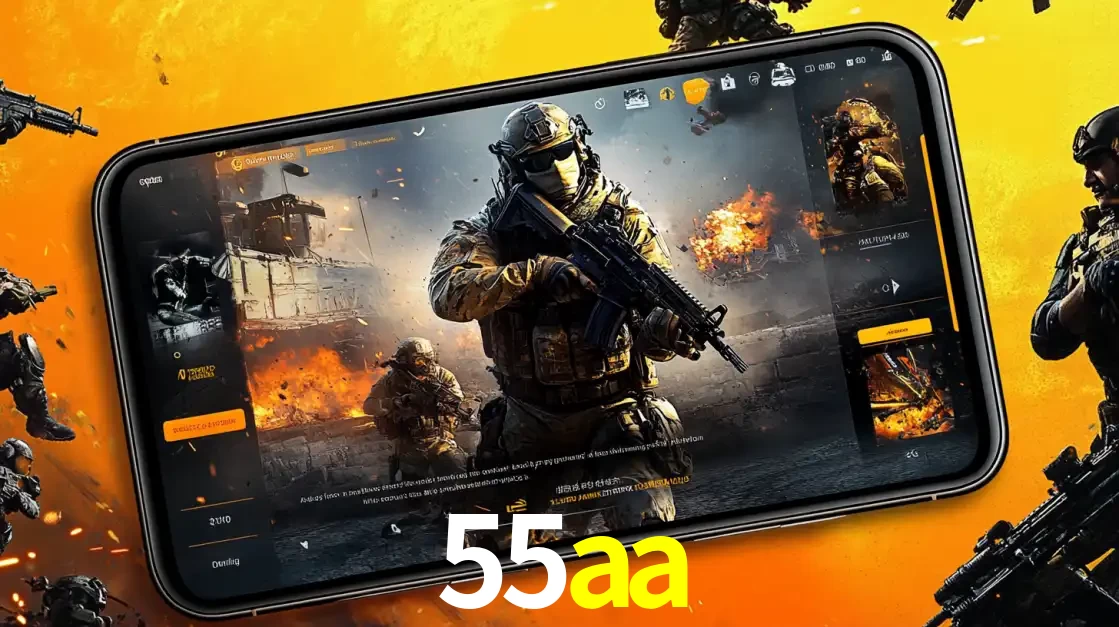 Um smartphone exibindo a interface de um jogo de tiro em primeira pessoa, com um soldado em um cenário de batalha, representando a ação dos e-sports para apostar no 55aa.