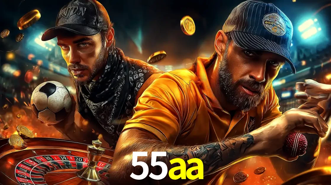 Montagem de apostas esportivas e cassino no 55aa, com um homem segurando uma bola de futebol e outro uma de beisebol sobre uma roleta e moedas voadoras.