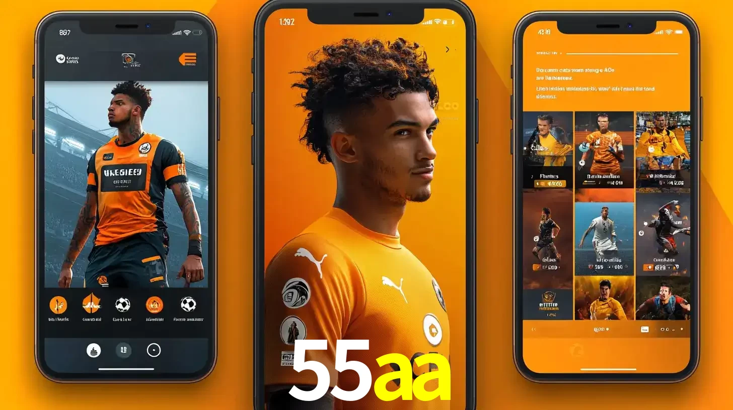 Interface do aplicativo de apostas esportivas 55aa em três telas de celular, mostrando o perfil de um jogador de futebol e a lista de jogos disponíveis para apostar.
