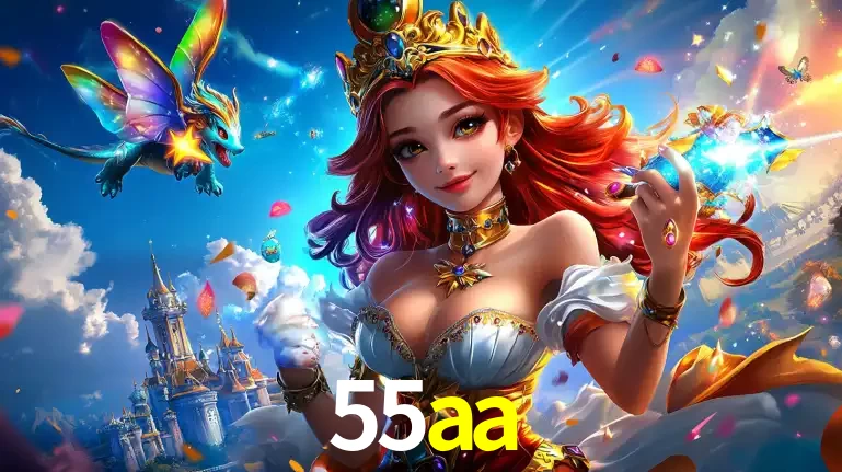 A princesa de um reino de fantasia mágico, com seu pequeno dragão, apresentando um mundo de prêmios encantados nos jogos de caça-níqueis do cassino 55aa.