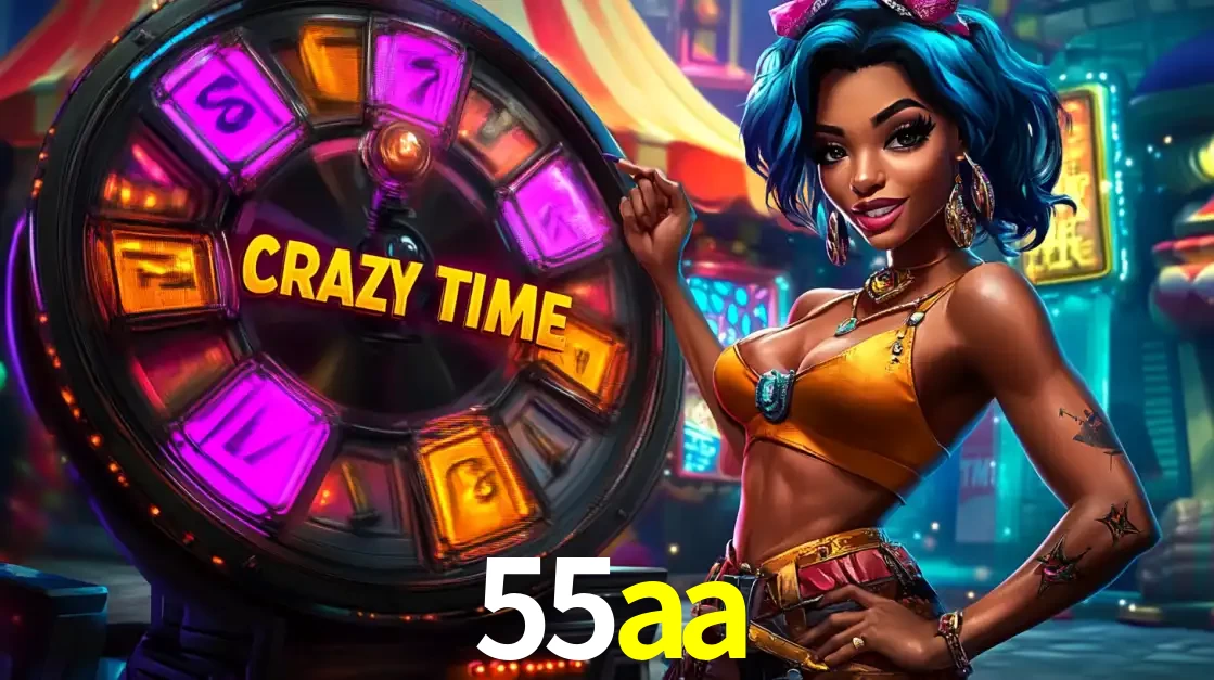Mulher estilizada com cabelo azul e visual vibrante posando ao lado da roda de prêmios do game show Crazy Time, convidando para a diversão e os bônus do cassino 55aa.
