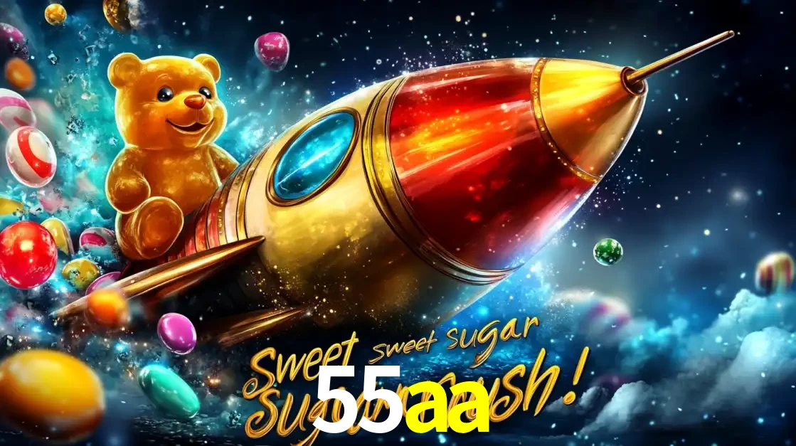 Arte promocional do jogo de slot Sugar Rush, com um urso de pelúcia em um foguete viajando pelo espaço de doces, um dos jogos divertidos disponíveis no cassino 55aa.