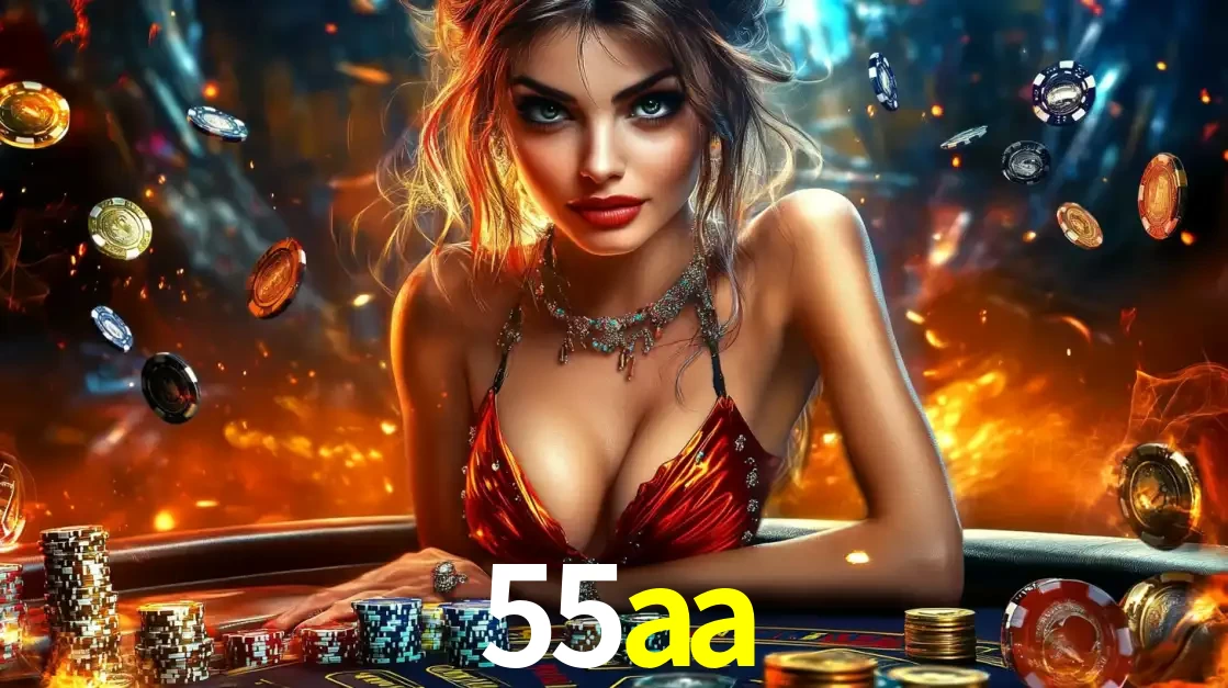Mulher em uma mesa de cassino com pilhas de fichas e um fundo de fogo, pronta para uma rodada de altas apostas nos jogos de mesa emocionantes do cassino 55aa.