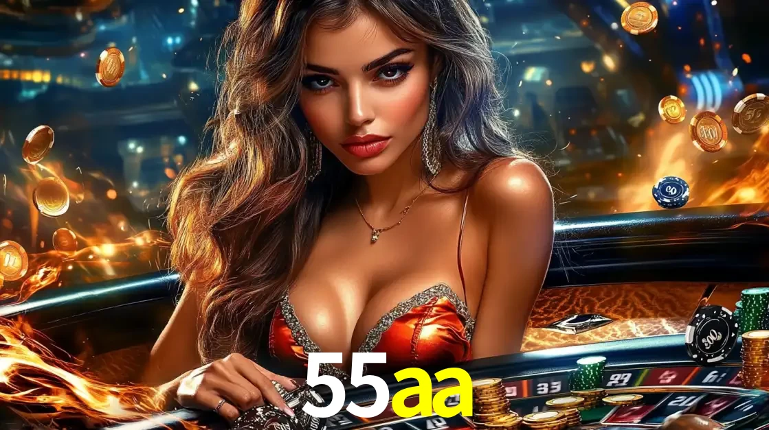 Mulher glamourosa em uma mesa de roleta com um fundo de chamas e moedas voadoras, pronta para fazer sua aposta e ganhar grandes prêmios no cassino ao vivo 55aa.