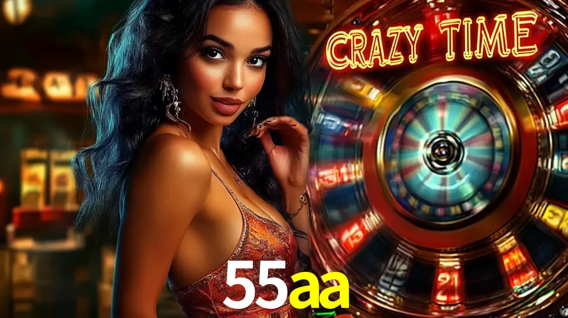 Mulher elegante ao lado da vibrante roda da fortuna do jogo de cassino ao vivo Crazy Time, um dos game shows mais populares e cheios de prêmios do 55aa.