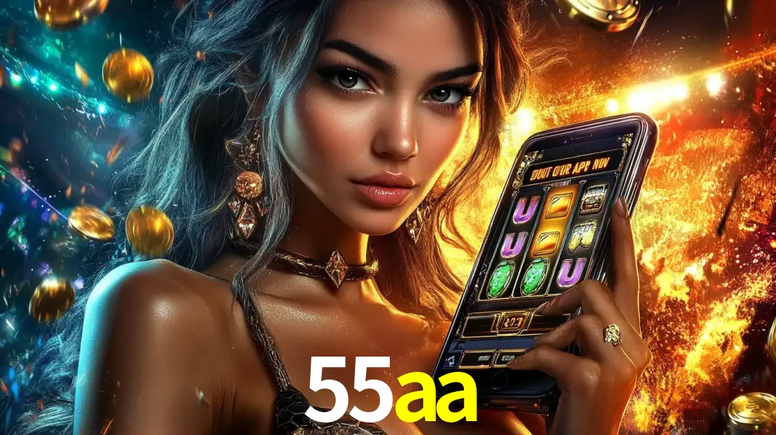 Mulher elegante mostrando um jogo de caça-níqueis em seu smartphone, destacando a experiência de cassino móvel oferecida pelo aplicativo 55aa.