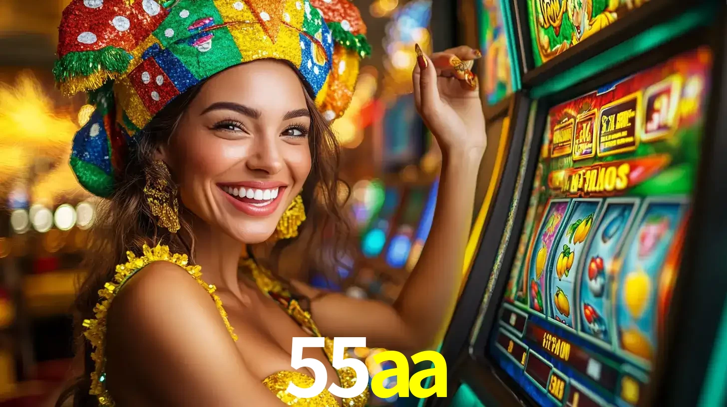 Mulher feliz com traje de carnaval amarelo e colorido ao lado de uma máquina de caça-níqueis, aproveitando a diversão e os jogos temáticos do cassino 55aa.