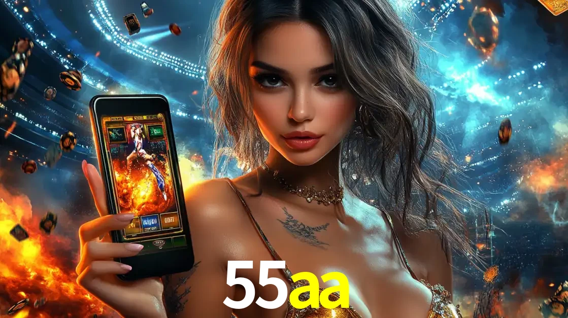 Mulher segurando um celular com um jogo de slot em destaque, tendo como fundo um estádio vibrante, simbolizando a emoção de jogar no cassino móvel 55aa.