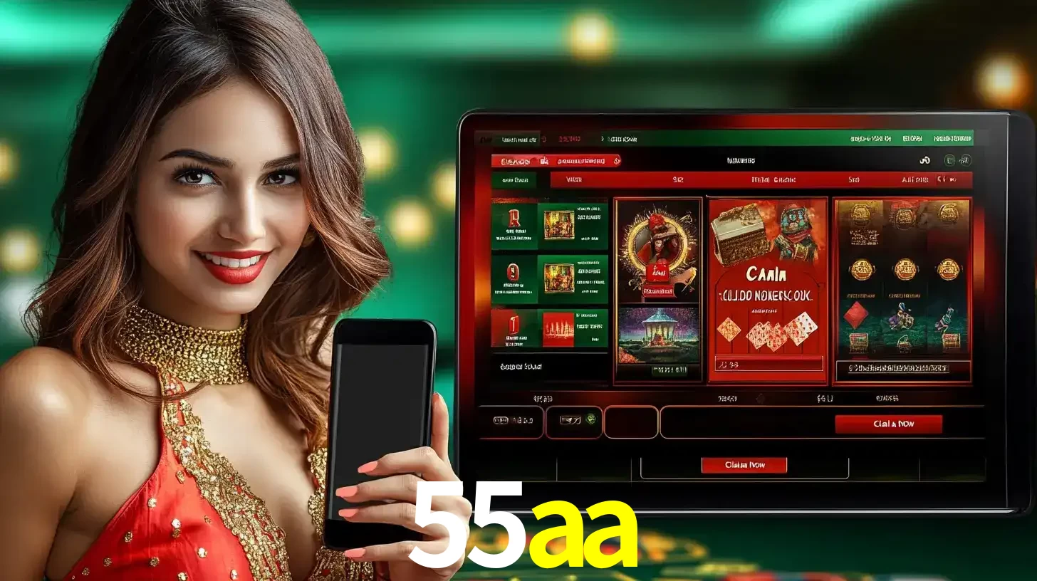 Mulher sorridente segurando um smartphone, ao lado de uma tela exibindo o lobby de jogos do cassino online 55aa, com várias opções de jogos de cartas e slots.